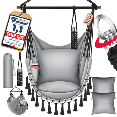 KESSER® Hängesessel mit 2 Kissen Getränkehalter & Bücherfach - Safari XXL Hängestuhl für Erwachsene & Kinder Hängematte bis 150 kg Hängesitz Aufhängung Indoor & Outdoor Wohn & Garten Terrasse