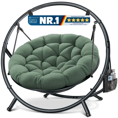 KESSER® Hängesessel mit Gestell BALI Hängeschaukel Hängestuhl bis 150kg für Indoor und Outdoor + Kissen & Seitentasche Hängekorb Stahlgestell & Schaumstoff Sitzpolster ideal für Wohnzimmer & Garten