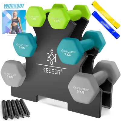 KESSER® Hantel-Set, 3 Paar, 1kg - 5kg, 12kg oder 18kg kurzhanteln mit Ständer Aufbewahrung, Fitnessstudio, Krafttraining, Hantelset rutschfeste Neopren, Mit Übungsheft, 2x Fitnessbänder