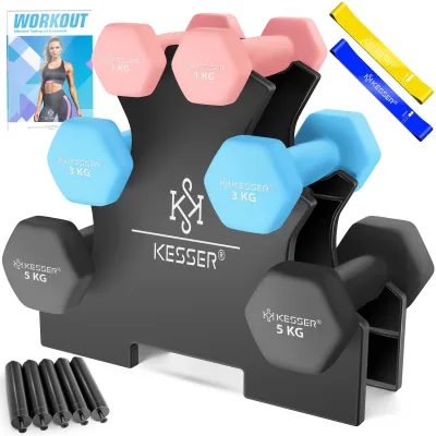 KESSER® Hantel-Set, 3 Paar, 1kg - 5kg, 12kg oder 18kg kurzhanteln mit Ständer Aufbewahrung, Fitnessstudio, Krafttraining, Hantelset rutschfeste Neopren, Mit Übungsheft, 2x Fitnessbänder