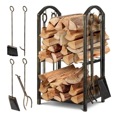KESSER® Kaminholzregal 5-teiliges Set Kaminholzständer Feuerholzablage Brennholzregal Innen und Aussen Metall 2 Ebenen mit 4 Kaminwerkzeug für Kamin & Ofen, Stahl 40x30x74,5cm Verstellbar
