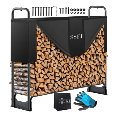 KESSER® Kaminholzregal Metall Brennholzregal außen Stahlrahmen + Abdeckung & Handschuhe Kaminholzunterstand 200kg Wasserdichter Holzlager Holzstapelhilfe für Garten Terrasse