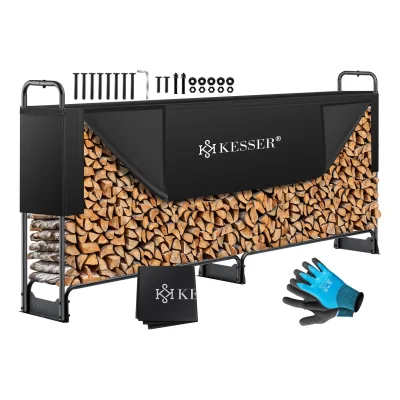 KESSER® Kaminholzregal Metall Brennholzregal außen Stahlrahmen + Abdeckung & Handschuhe Kaminholzunterstand 200kg Wasserdichter Holzlager Holzstapelhilfe für Garten Terrasse