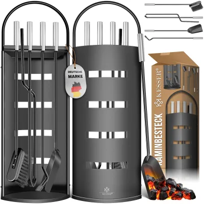 KESSER® Kaminzubehör 5-teiliges Kaminbesteck Set – Modern Design, beschichtet, Hochwertige Kamingarnitur aus 5 Teilen: Besen, Schaufel, Schürhaken, Zange, Ständer mit Sichtschutz Edelstahl