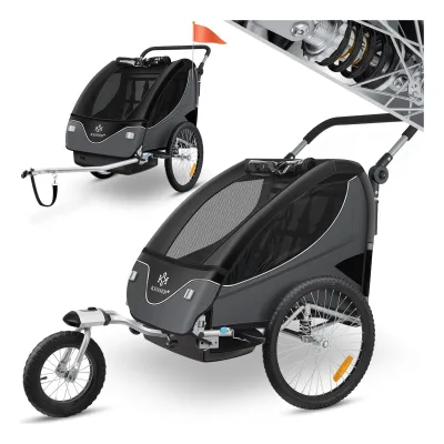 KESSER® Kinderanhänger Fahrradanhänger 360° Drehbar mit Federung 2in1 Joggerfunktion Kinderfahrradanhänger + 5-Punkt Gurt Jogger Fahrrad Anhänger für 1 bis 2 Kinder max. 40kg