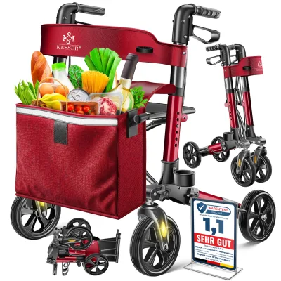 KESSER® Leichtgewicht Rollator faltbar mit Sitz, Griff, Tasche, schmal für Senioren Wohnung, Klappbar, Höhenverstellbar, Reflektoren   All Gelände Reifen Indoor-& Outdoor, Gehhilfe, Laufhilfe