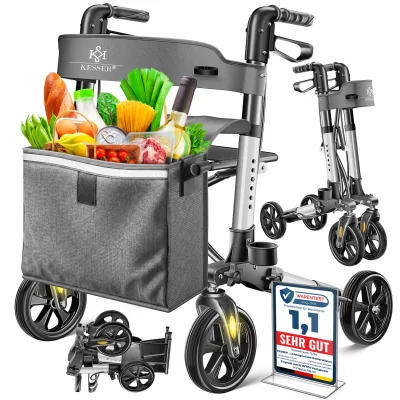 KESSER® Leichtgewicht Rollator faltbar mit Sitz, Griff, Tasche, schmal für Senioren Wohnung, Klappbar, Höhenverstellbar, Reflektoren   All Gelände Reifen Indoor-& Outdoor, Gehhilfe, Laufhilfe