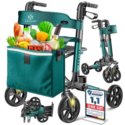 KESSER® Leichtgewicht Rollator faltbar mit Sitz, Griff, Tasche, schmal für Senioren Wohnung, Klappbar, Höhenverstellbar, Reflektoren   All Gelände Reifen Indoor-& Outdoor, Gehhilfe, Laufhilfe
