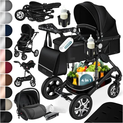 KESSER® Loops Kinderwagen 4 in 1 Kombikinderwagen Komplett-Set auch als Buggy für Kinder bis 4 Jahre inkl. Babywanne, Babyschale + Fußsack, Korb, Wickeltasche, Regen- & Insektenschutz & Flaschenhalter