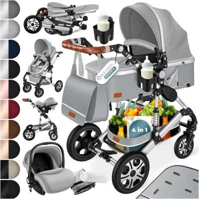 KESSER® Loops Kinderwagen 4 in 1 Kombikinderwagen Komplett-Set auch als Buggy für Kinder bis 4 Jahre inkl. Babywanne, Babyschale + Fußsack, Korb, Wickeltasche, Regen- & Insektenschutz & Flaschenhalter