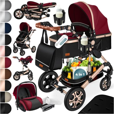 KESSER® Loops Kinderwagen 4 in 1 Kombikinderwagen Komplett-Set auch als Buggy für Kinder bis 4 Jahre inkl. Babywanne, Babyschale + Fußsack, Korb, Wickeltasche, Regen- & Insektenschutz & Flaschenhalter