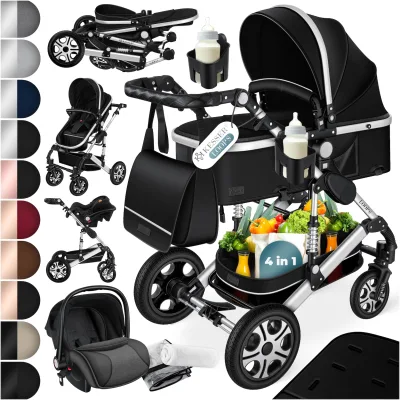 KESSER® Loops Kinderwagen 4 in 1 Kombikinderwagen Komplett-Set auch als Buggy für Kinder bis 4 Jahre inkl. Babywanne, Babyschale + Fußsack, Korb, Wickeltasche, Regen- & Insektenschutz & Flaschenhalter