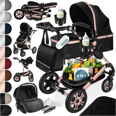 KESSER® Loops Kinderwagen 4 in 1 Kombikinderwagen Komplett-Set auch als Buggy für Kinder bis 4 Jahre inkl. Babywanne, Babyschale + Fußsack, Korb, Wickeltasche, Regen- & Insektenschutz & Flaschenhalter