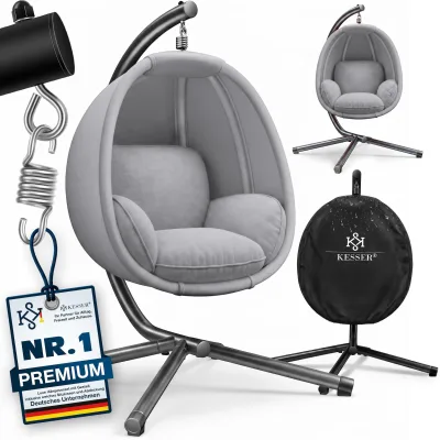 KESSER® Luxe Hängesessel mit Gestell + weicher Sitzkissen, Seitenpolsterung, Sitz- und Rückenkissen Hängekorb Indoor & Outdoor, Garten Schaukel Korb Hängestuhl Stabiler Standfuß, max. 150 kg