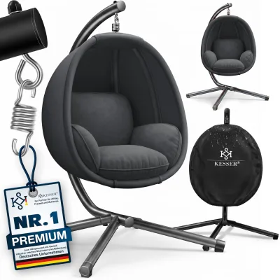 KESSER® Luxe Hängesessel mit Gestell + weicher Sitzkissen, Seitenpolsterung, Sitz- und Rückenkissen Hängekorb Indoor & Outdoor, Garten Schaukel Korb Hängestuhl Stabiler Standfuß, max. 150 kg