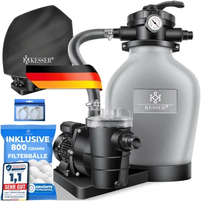 KESSER® Sandfilteranlage Sandfilter + 800g Filterbälle ersetzen 25kg Filtersand 7-Wege Ventil mit Druckanzeige Poolfilter 10 m³/h Filteranlage Filterkessel für Pool Schwimmbecken 10.200 L/h