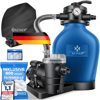 KESSER® Sandfilteranlage Sandfilter + 800g Filterbälle ersetzen 25kg Filtersand 7-Wege Ventil mit Druckanzeige Poolfilter 10 m³/h Filteranlage Filterkessel für Pool Schwimmbecken 10.200 L/h