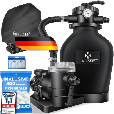 KESSER® Sandfilteranlage Sandfilter + 800g Filterbälle ersetzen 25kg Filtersand 7-Wege Ventil mit Druckanzeige Poolfilter 10 m³/h Filteranlage Filterkessel für Pool Schwimmbecken 10.200 L/h
