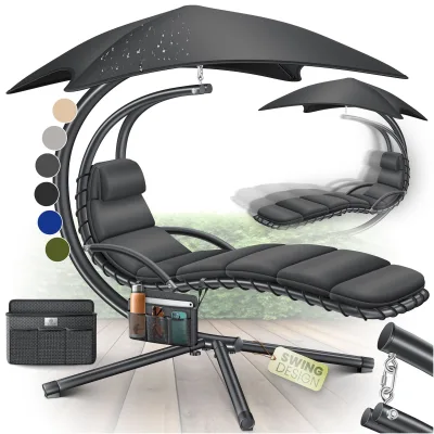 KESSER® Schwebeliege mit Sonnenschirm, Hängeliege , Sonnenliege H200, L194, B100 cm, Relaxliege, Schaukelliege Hängematte , bis 120 kg belastbar , Schaukelliege, Auflagen - Nackenkissen