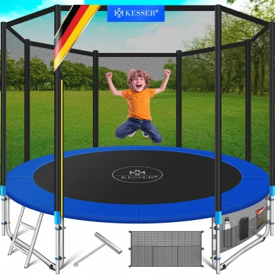 KESSER® - Trampolin    TÜV Rheinland GS Zertifiziert   Komplettset mit Sicherheitsnetz, Leiter,  Randabdeckung, Seitentasche & Zubehör   Kindertrampolin Gartentrampolin Belastbarkeit 150 kg