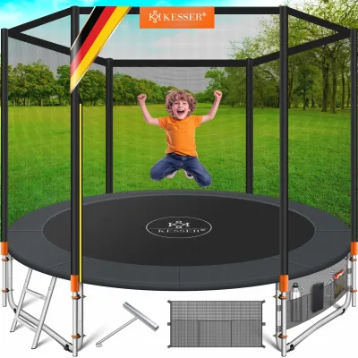 KESSER® - Trampolin    TÜV Rheinland GS Zertifiziert   Komplettset mit Sicherheitsnetz, Leiter,  Randabdeckung, Seitentasche & Zubehör   Kindertrampolin Gartentrampolin Belastbarkeit 150 kg