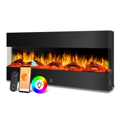 KESSER® Wandkamin Elektrokamin 3D Elektrischer Kamin mit Heizung 9 Farbmodi LED Flammeneffekt, 900/1800 W Kaminofen Wand und Einbaukamin Wandmontage Heizung App-Funktion Fernbedienung