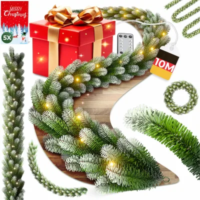 KESSER® Weihnachtsgirlande mit LED – 5 m oder 10 m, 100–200 LEDs, IP44, naturgrün, mit Schnee-Effekt je nach Modell, für Outdoor & Indoor, mit Fernbedienung & Weihnachtsdeko je nach Variante
