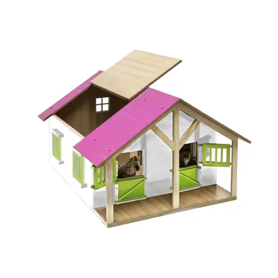 Kids Globe Farming Pferde Stall aus Holz 1:24, mit Werkstatt, Dach+Tür beweglich