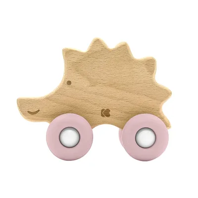 Kikkaboo Beißring Igel Holzspielzeug mit Silikonbeißring Buchenholz weiche Form rosa