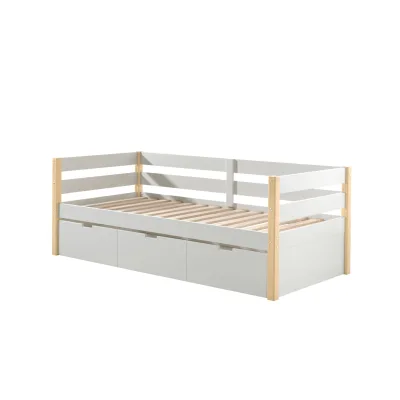 Kojen Bett Margrit mit Umrandung u. Rolllattenrost, Liegefläche 90 x 200, inkl. Bettschublade auf Rollen, Ausf. Weiß lackiert, Bettpfosten Kiefer natur lackiert