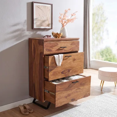 Kommode FineBuy 120 cm Massivholz Baumkante Highboard Anrichte Schubladenkommode