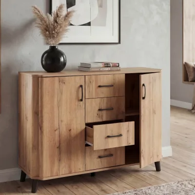 Kommode MCW-P42, Sideboard Schrank Anrichte, 4 Schubladen Staufächer 2 Türen, MDF 92x120x40cm ~ Wotan-Eiche-Optik