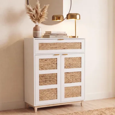 Kommode MCW-P54, Schrank Sideboard Highboard, MDF Melamin Wasserhyazinthefront 115x80x35cm ~ weiß
