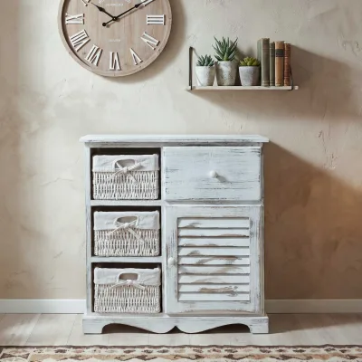 Kommode Schrank mit 3 Körben 63x60x30cm, Shabby-Look, Vintage ~ weiß