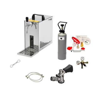 Komplett Set - Zapfanlage, Bierzapfanlage, Bierkoffer, Durchlaufkühler PYGMY 25 1-leitig Trockenkühler, 35 Liter/h, Reinigungsset für Zapfanlage und Keg, Korb
