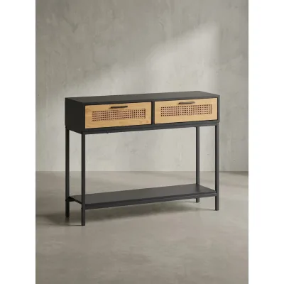 Konsolentisch – Schwarz, 100x30x75 cm, mit Wiener Geflecht, Schubladen und Ablage
