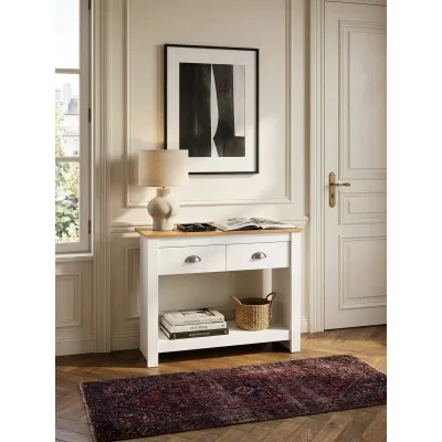 Konsolentisch – Weiß/Eiche, 85x35x76 cm, schmal, mit Schubladen und Stauraum