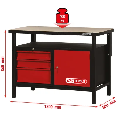 KS Tools Werkbank mit 3 Schubladen und 1 Tür, H840xB1200xT600 mm