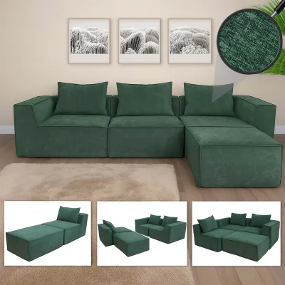 L-Sofa MCW-O54, Lounge-Couch mit Ottomane, erweiterbar modular rechts/links, Stoff/Textil 63x270x190cm ~ grün