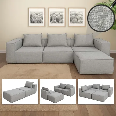 L-Sofa MCW-O54, Lounge-Couch mit Ottomane, erweiterbar modular rechts/links, Stoff/Textil 63x270x190cm ~ hellgrau