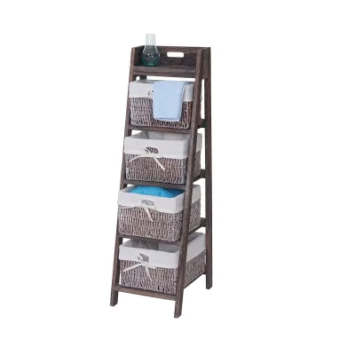 Leiterregal Franca, Regal Standregal mit 4 Korbschubladen 101x30cm, Shabby-Look, Vintage, braun