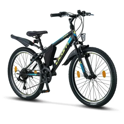 Licorne Bike Guide Premium Mountainbike in 20, 24 und 26 Zoll - Fahrrad für Mädchen, Jungen, Herren und Damen - Shimano 21 Gang-Schaltung, Kinderfahrrad, Kinder Farbe:Schwarz/Blau/Lime;Zoll:24