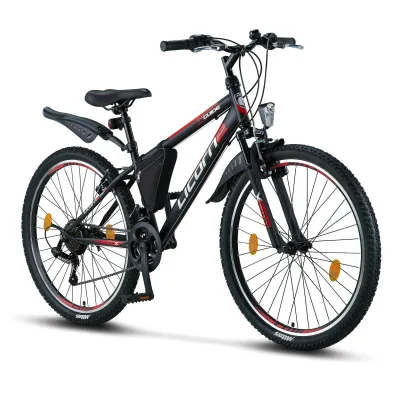Licorne Bike Guide Premium Mountainbike in 20, 24 und 26 Zoll - Fahrrad für Mädchen, Jungen, Herren und Damen - Shimano 21 Gang-Schaltung, Kinderfahrrad, Kinder Farbe:Schwarz/Rot/Grau;Zoll:26
