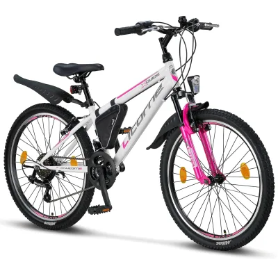 Licorne Bike Guide Premium Mountainbike in 20, 24 und 26 Zoll - Fahrrad für Mädchen, Jungen, Herren und Damen - Shimano 21 Gang-Schaltung, Kinderfahrrad, Kinder Farbe:Weiß/Rosa;Zoll:24