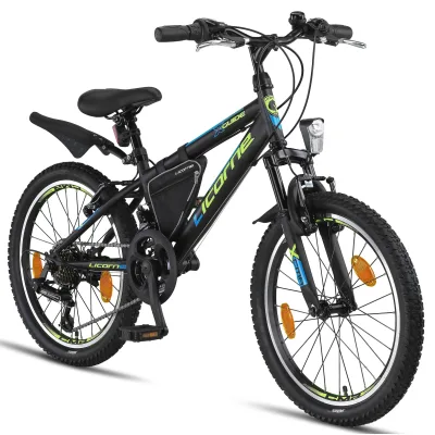 Licorne Bike Guide Premium Mountainbike in 20, 24 und 26 Zoll - Fahrrad für Mädchen, Jungen, Herren und Damen - Shimano 21 Gang-Schaltung, Kinderfahrrad, Kinder Zoll:20;Farbe:Schwarz/Blau/Lime