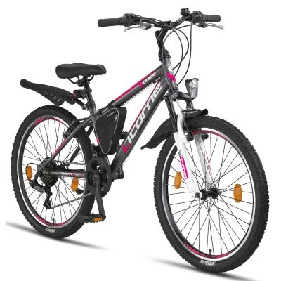 Licorne Bike Guide Premium Mountainbike in 20, 24 und 26 Zoll - Fahrrad für Mädchen, Jungen, Herren und Damen - Shimano 21 Gang-Schaltung, Kinderfahrrad, Kinder Zoll:24;Farbe:Anthrazit/Rosa