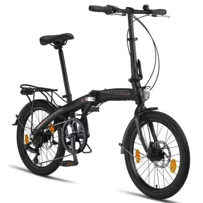 Licorne Bike Phoenix 2D, 20 Zoll Aluminium-Faltrad-Klapprad, Scheibenbremse, Discbremse, V-Bremse Faltfahrrad-Herren-Damen, 7 Gang Kettenschaltung - Folding City Bike, Alu-Rahmen, StVZO, Vorderlampe, Hinterlampe Farbe:Schwarz-Gold;Stil:Disc-Bremse