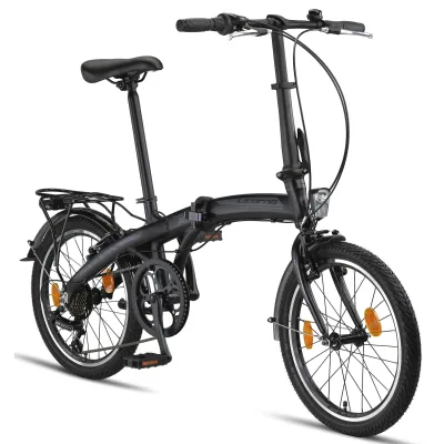 Licorne Bike Phoenix 2D, 20 Zoll Aluminium-Faltrad-Klapprad, Scheibenbremse, Discbremse, V-Bremse Faltfahrrad-Herren-Damen, 7 Gang Kettenschaltung - Folding City Bike, Alu-Rahmen, StVZO, Vorderlampe, Hinterlampe Farbe:Schwarz;Stil:V-Bremse