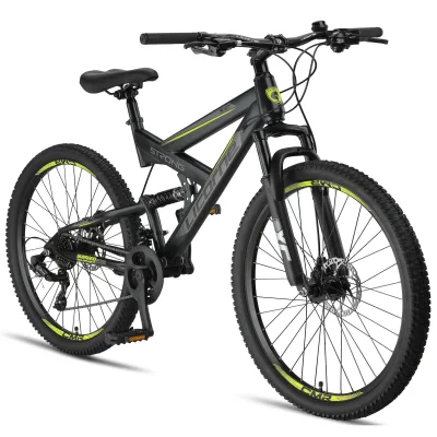 Licorne Bike Strong 2D Premium Mountainbike in 26, 27,5 und 29 Zoll - Fahrrad für Jungen, Mädchen, Damen und Herren - Scheibenbremse vorne und hinten - Shimano 21 Gang-Schaltung -  Farbe:Schwarz/Lime;Zoll:27.5