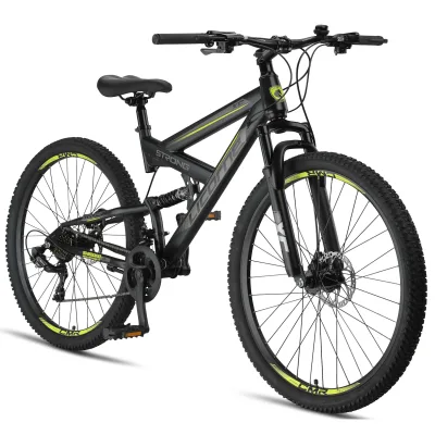 Licorne Bike Strong 2D Premium Mountainbike in 26, 27,5 und 29 Zoll - Fahrrad für Jungen, Mädchen, Damen und Herren - Scheibenbremse vorne und hinten - Shimano 21 Gang-Schaltung -  Farbe:Schwarz/Lime;Zoll:29.00